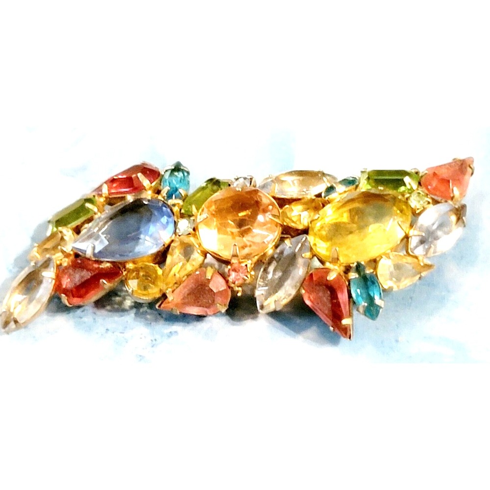 Vintage Multicolor Brooch Fruit Salad Rhinestone Faceted Glass Flower Pin